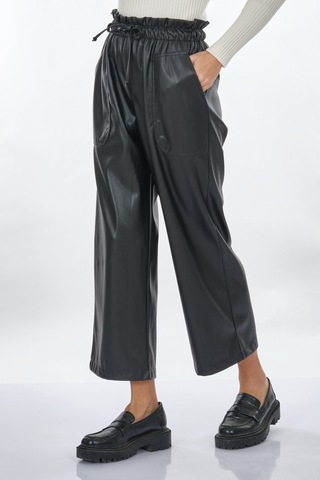 Unique Mode Deri Görünümlü Bol Paça Siyah Kadın Pantolon Uw244003 001