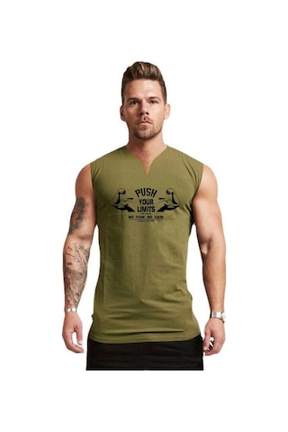 Asker Yeşili Erkek Yelek Yaz İnce Pamuklu V Yaka Kolsuz Atlet Bol Büyük Beden Yarış Spor Fitness Yelek