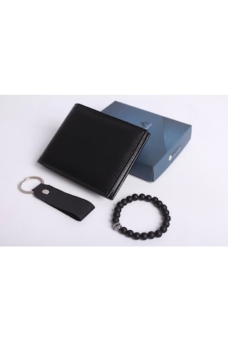 Ozka Leather Collection Kişiye Özel Erkek Cüzdan - Anahtarlık Ve Bileklik Hediye Siyah