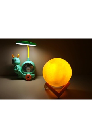 Işık Kasabası 150 Geyik Tepe Lambalı Masa - Gece Lambası Ve 3d Led Küre Mavi 26 Cm