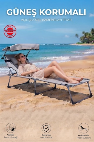 Ecm Proger Gölgelikli Katlanabilir Şezlong, Havuz, Bahçe Ve Teras İçin, Yastıklı, Gri, Modern Stil