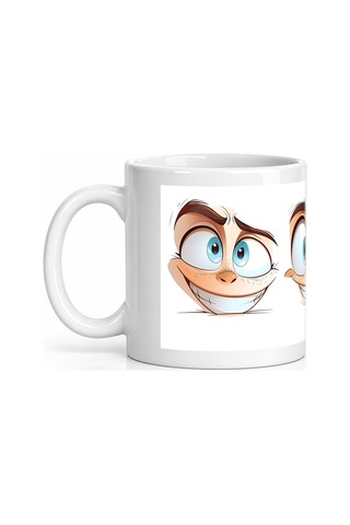 Seramik Kupa Neşeli Kaşlı Yüzler Baskılı 300 Ml Hediyelik Kahve Ç Beyaz