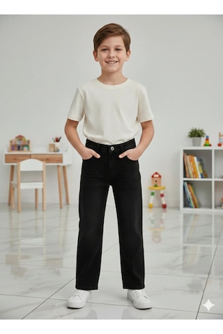 Erdem Kıds Erkek Çocuk Pamuklu Beli Lastikli Baggy Jean Pantolon Rahat Kalıp Geniş Bol Paça Kot Pantolon Siyah
