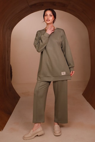 Balenbi Kadın Oysh Modal Kumaş Oversize 80 Cm Tunik Bol Paça Pantolon Tesettür Takım 1228 Haki