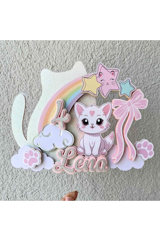 Kedi Temalı Kız Çocuk Doğum Günü İsme Özel 3d Pasta Parti Süsü Cake Topper Çocuk