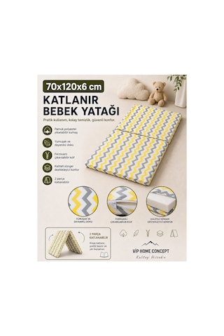 Katlanır Çocuk Yatağı Sünger Yer Yatağı Oyun Minderi Taşınabilir 70x120x6 Cm-sarı Gri Zikzak 70 x 120 CM
