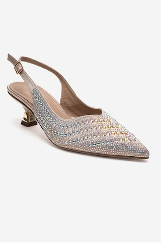 Luvishoes Royale Bej Saten Taşlı Kadın Kısa Topuklu Abiye Ayakkabı
