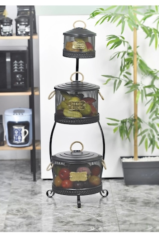 Metal Standlı 3 Katlı Delikli Patates Soğan Sarımsak Kovası Siya
