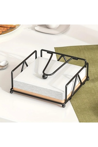 Dashanshop Siyah Dökme Demir Ve Ahşap Peçetelik - Sağlam Masaüstü Mendil Dispanseri Siyah