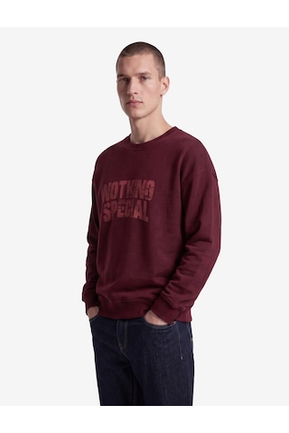 Koton Üç İplik Şardonlu Pamuklu Rahat Kalıp Bisiklet Yaka Baskılı Sweatshirt Bordo 7wam70156mk