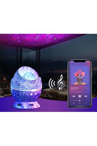 Çatlak Dinozor Yumurtası Tasarımlı Projektörlü Gece Lambası Bluetooth Özellikli Çok Renkli