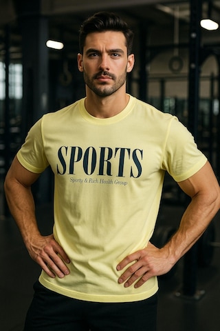 Erkek Sarı Basic T-shirt Baskılı Slim Fit %100 Pamuk Tişört Sarı