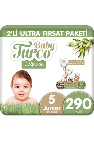 Baby Turco Doğadan 2'li Ultra Fırsat Paketi Bebek Bezi 5 Numara 290 Adet 5'li
