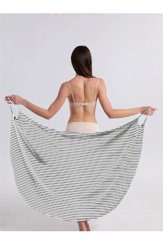 Spagetti Askılı Şık Çizgili V Yaka Plaj Elbisesi Mavi