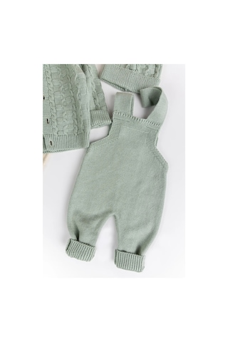 Triko Hırkalı 3'lü Ayarlanabilir Askılı Örgü Erkek Bebek Salopet Tulum Takım Set Yeşil