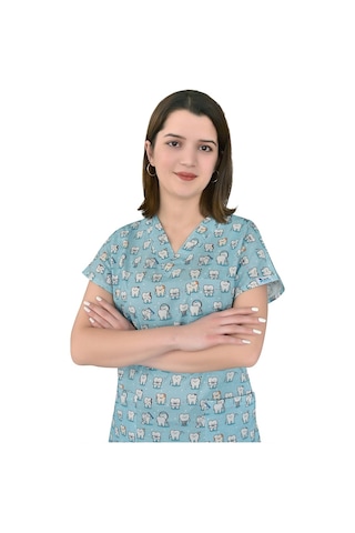 Master Likra Doktor&Hemşire Forması Mavi Diş Desenli Üst