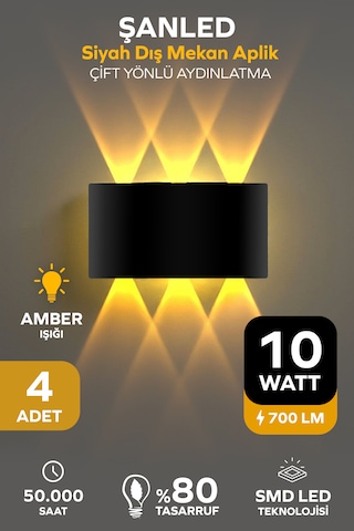 Dekoratif 10w Çift Yönlü Iç-dış Mekan Siyah Kasa Gün Işığı Duvar Aplik-4 Adet Amber Rengi