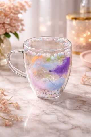 Makri Home Boncuklu Tüylü Çift Cidarlı Cam Kupa, 350 Ml, 11 Cm X 8 Cm Çok Renkli
