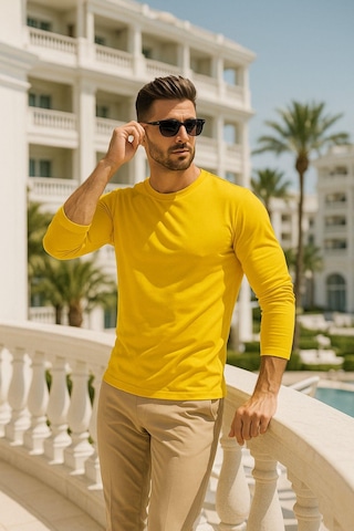 Rich Erkek Uzun Kollu Bisiklet Yaka Tişört - %100 Pamuk Basic Relaxed T-shirt Sarı