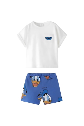 Unisex Bebek & Çocuk Donald Duck Baskılı Pamuklu Bisiklet Yaka Beyaz T-shirt Ve Şort Alt Üst Takım Beyaz