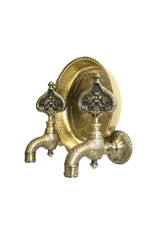 Fkn İkili Sarı Hamam Taslı Desenli Perlatörlü Antik Osmanlı Musluk Bronz