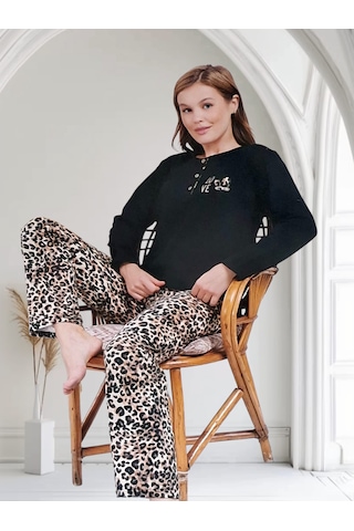 Miss Melina Büyük BedenPamuk Uzun Kol Kadın Pijama Takımı Leopar Siyah