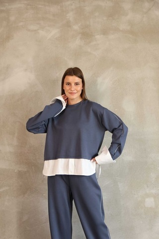 Evoa Kadın Mavi Oversize Gömlek Ve Biye Detaylı İkili Takım İndigo