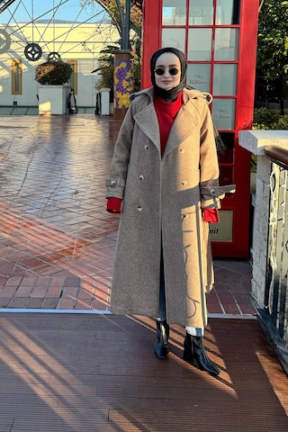 Uzun Apolet Detaylı Kaşe Kaban Kahve Kahve