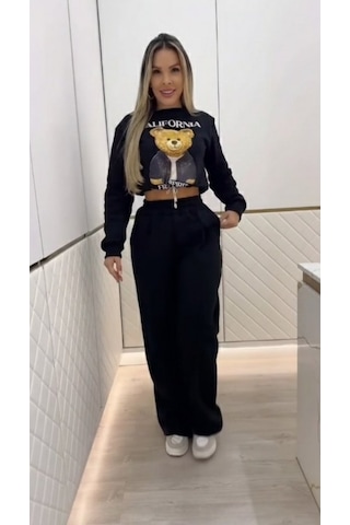 S-pazarım Kadın Uzun Kollu Bisiklet Yaka Desenli Iki Iplik Şardonlu Bluz Ve Pantolon Ikili Takım Siyah