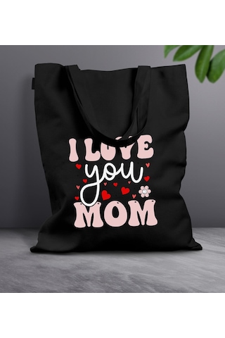 Bk Gift Anneler Günü Tasarımlı Siyah Kumaş Bez Çanta, Baskılı Omuz Çantası, Alışveriş Çantası, Anneler Günü Hediyesi, Anneye Hediye-2 Siyah