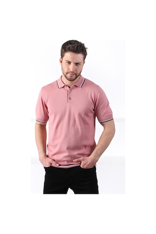 Ferraro Gül/Beyaz Yaka Şerit Düğmeli Erkek Pamuk Triko T-Shirt