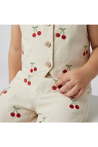 Ministok Cherry Lady Kiraz Nakışlı Kız Çocuk Keten Yelek Pantalon Takım Krem