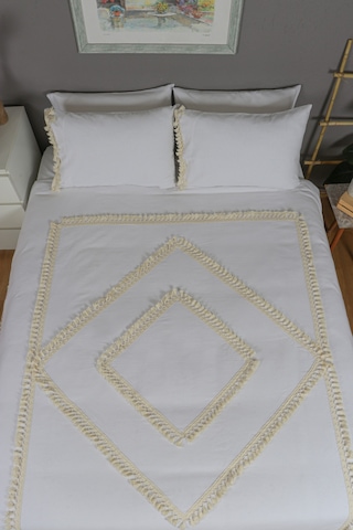 Dnc Home Tekstil Ndchome Beyaz Pamuk Keten Tek Kişilik Mozaik Ponponlu Yedek Yastıklı Nevresim Takımı