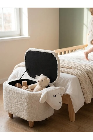 Kuzu Figürlü Sandıklı Puf Modelleri Teddy Puf Krem