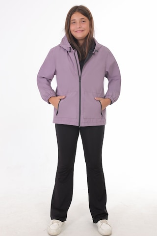 Kız Çocuk Mürdüm İçi Astarlı Su Ve Rüzgar Geçirmez Kapüşonlu Çift Fermuarlı Cepli Yağmurluk Mürdüm