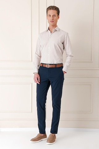Efor Slim Fit Dikine Çizgili %100 Pamuk Klasik Bej Beyaz Gömlek Gk 721 Bej