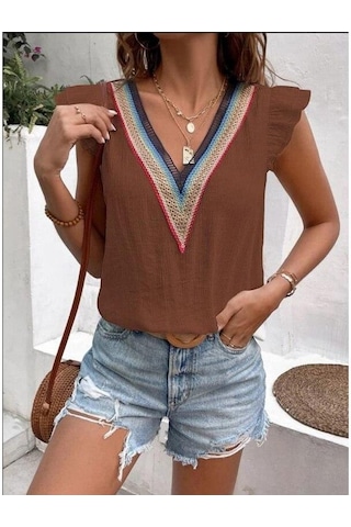 Yaz V Yaka Dantel Kelebek Kollu Kadın Bluz Zarif Rahat Kadın Beyaz Gömlek Moda Zarif Kolsuz Blusas Tops 25803 Orion Çok Renkli