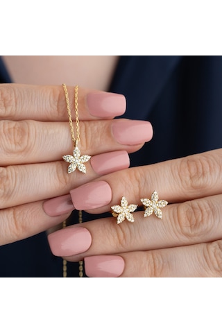 Vaoov 925 Ayar Gümüş Minimal Taşlı Çiçek Set Gold