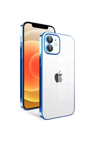 Apple Uyumlu iPhone 12 Kılıf Kamera Korumalı Renkli Çerçeveli Zore Garaj Kapak Saks Mavi