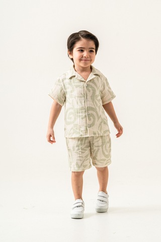 2'li Erkek Çocuk Yeşil Desenli Keten Şortlu Takım-1183 Yeşil
