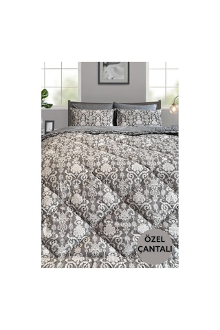 Lux Uyku Seti-tek Kişilik-lastikli Çarşaflı 2yastık Kılıflı-özel Çantada Modern Damask Gri