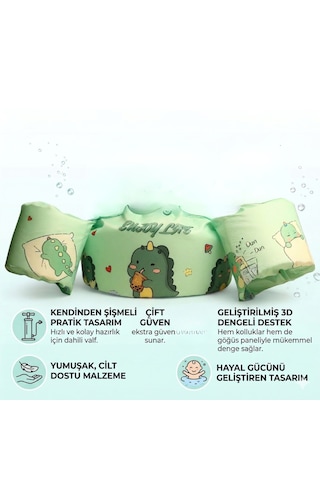 Çocuk Kollu Can Yeleği Emniyet Kilitli Gövde Destekli Yüzme Yardımcısı Dinozor Desenli 1