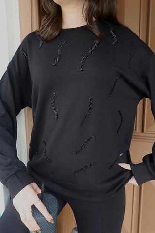 Cemo Günlük Uzun Kollu Bisiklet Yaka Basic Bluz/sweatshirt Siyah