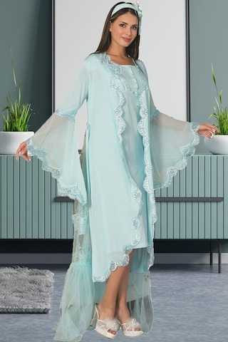 Mecit Pijama By Mecit 5026 Turkuaz Tül Detaylı Sabahlıklı Lohusa Gecelik Takım