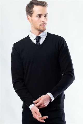 Tudors Slim Fit Dar Kesim V Yaka Pamuklu Erkek Kazak-6399 Siyah