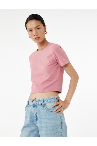 Koton Pamuklu Slim Fit Kısa Kollu Bisiklet Yaka Tişört Pembe 6wak50115ek Gül