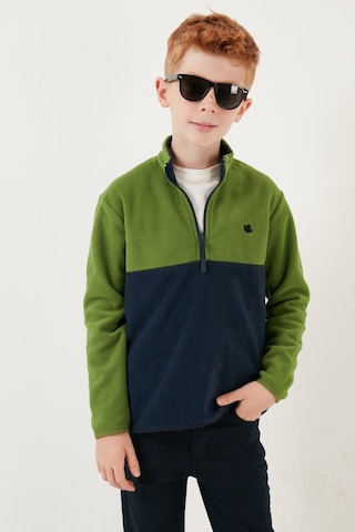 Lela Yumuşak Dokulu Yarım Fermuarlı Renk Bloklu Dik Yaka Unisex Çocuk Polar 5905004 Yeşil-Lacivert
