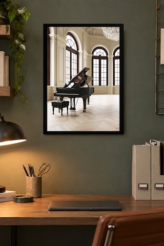 Piyanolu Salon Desenli Dekoratif Mdf Tablo, Çerçeve Görünümlü Ahşap Poster