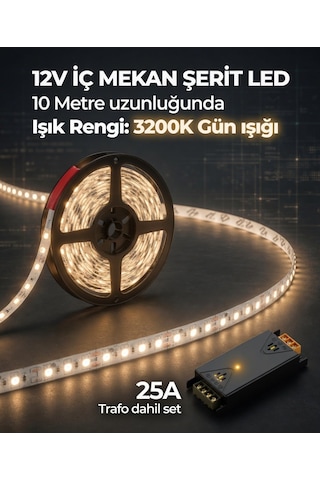 10 Metre 12v 3200k Gün Işığı Şerit Led + 12v 25a Slim Led Trafosu Hazır Set 10 Metre Gün Işığı