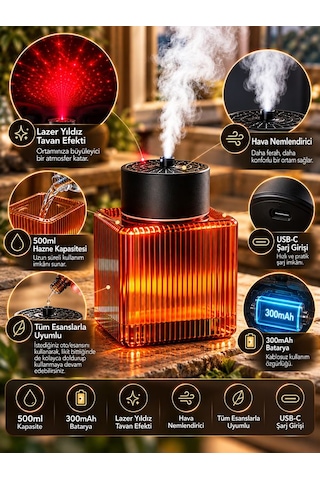 500ml Şarjlı Araç İçi Hava Nemlendirici Rgb Lazer Yıldız Efektli 300mah